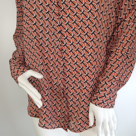 Express Women's Button Front Shirt Size Small Orange Black White Chain Print Top - Picture 3 of 8